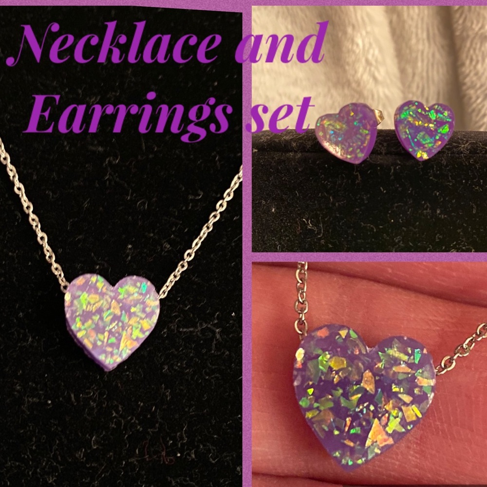 STAINLESS STEEL, PURPLE ACRYLIC HEART NECKLACE SET